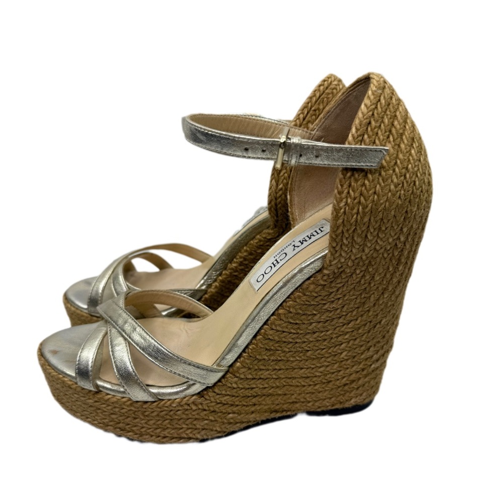 Jimmy Choo Delaney Metallic Leather Wedge Espadrille Sandals Champagne 38